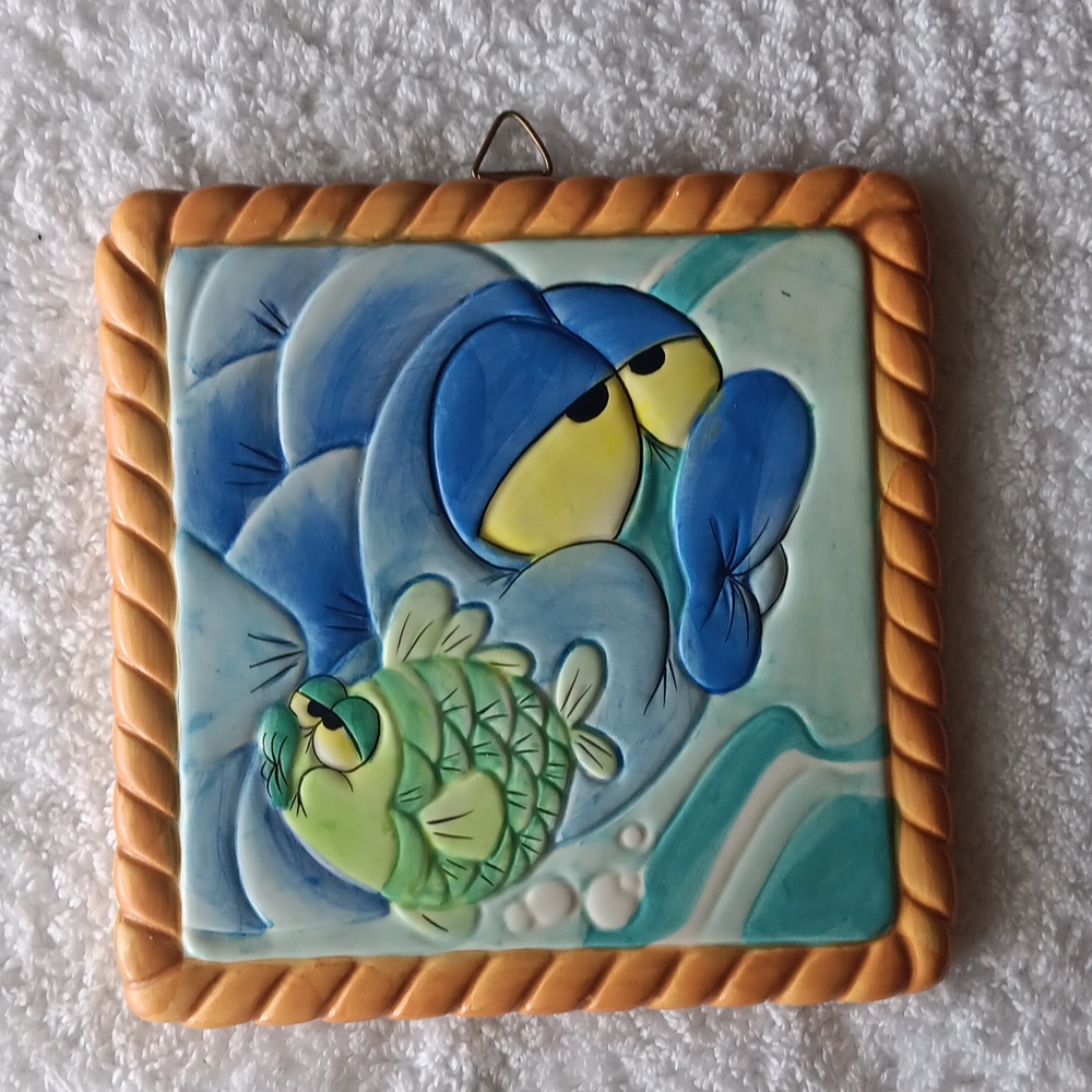 Puckering Blow Fish ceramic wall plaque signed Jim